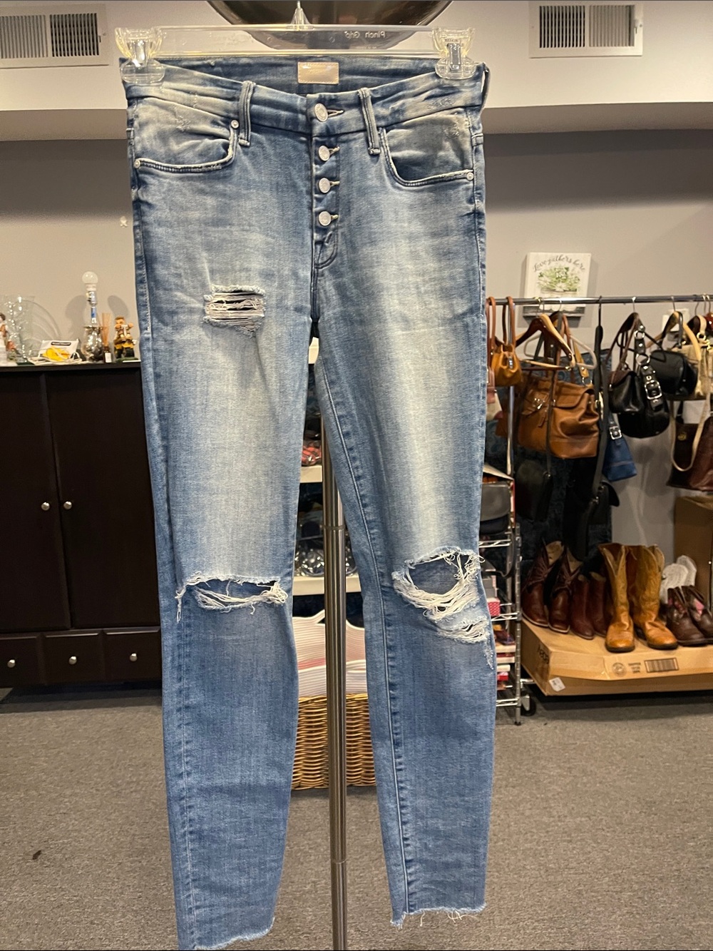 MOTHER The Pixie Fray Distressed Jeans Size 24 Losing Control Wash Normcore